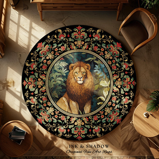 Nature Inspired Dark Cottagecore Round Lion Rug Floral Forestcore Mystic Wildlife Aesthetic | King of the Jungle Tropical Botanical Lion Art