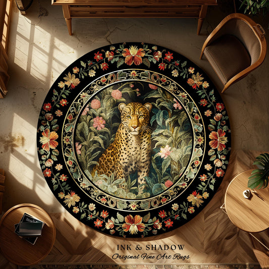 Floral Forest Dark Cottagecore Round Leopard Rug | Nature Inspired Morris Style Fairycore Boho Jungle Wildlife Whimsical Botanical Art Decor