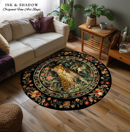 Floral Forest Dark Cottagecore Round Leopard Rug | Nature Inspired Morris Style Fairycore Boho Jungle Wildlife Whimsical Botanical Art Decor