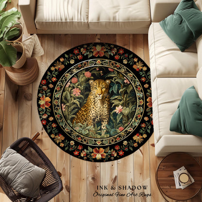 Floral Forest Dark Cottagecore Round Leopard Rug | Nature Inspired Morris Style Fairycore Boho Jungle Wildlife Whimsical Botanical Art Decor