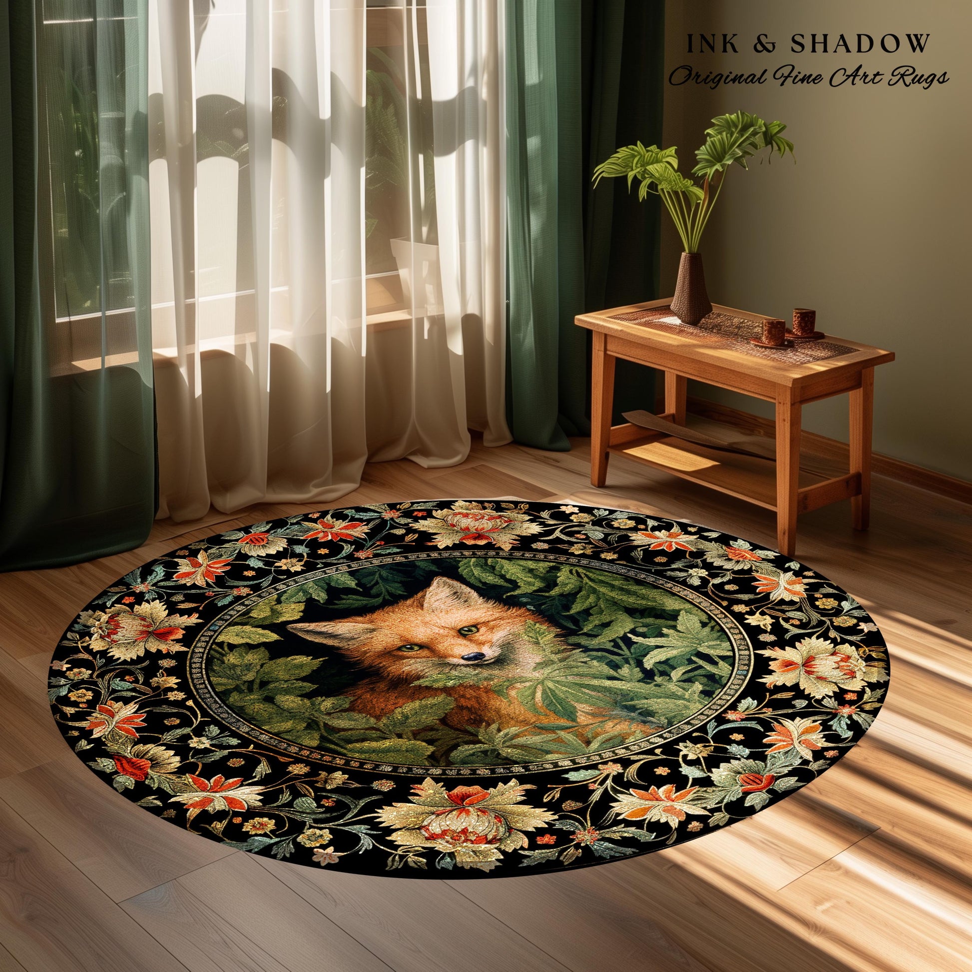 Dark Botanical Round Fox Rug Vintage Forest Aesthetic | Cottagecore Woodland Gothic Fox Art Decor Boho Fairycore Nature Lovers Floral Whimsy