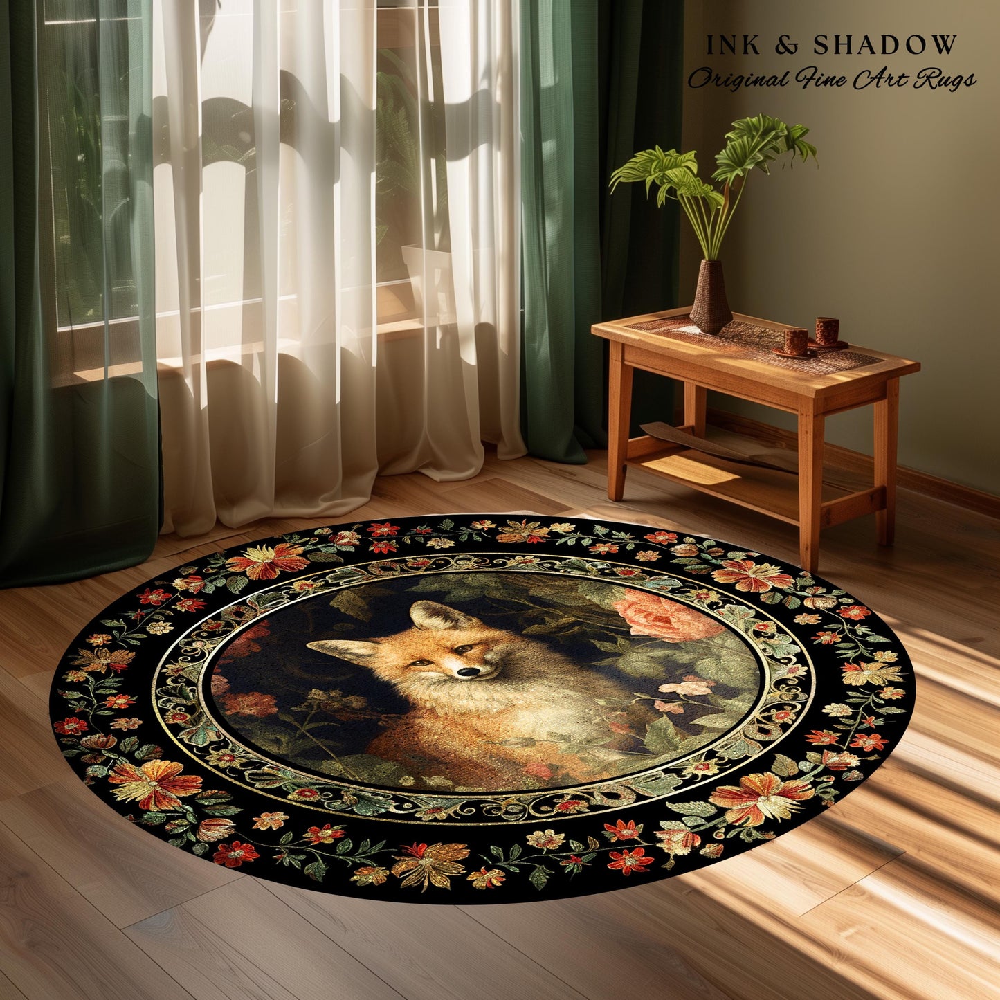 Floral Fairycore Whimsigoth Round Fox Botanical Rug Dark Forestcore Decor | Boho Botanical Whimsical Fox Woodland Cottagecore Animal Art Rug