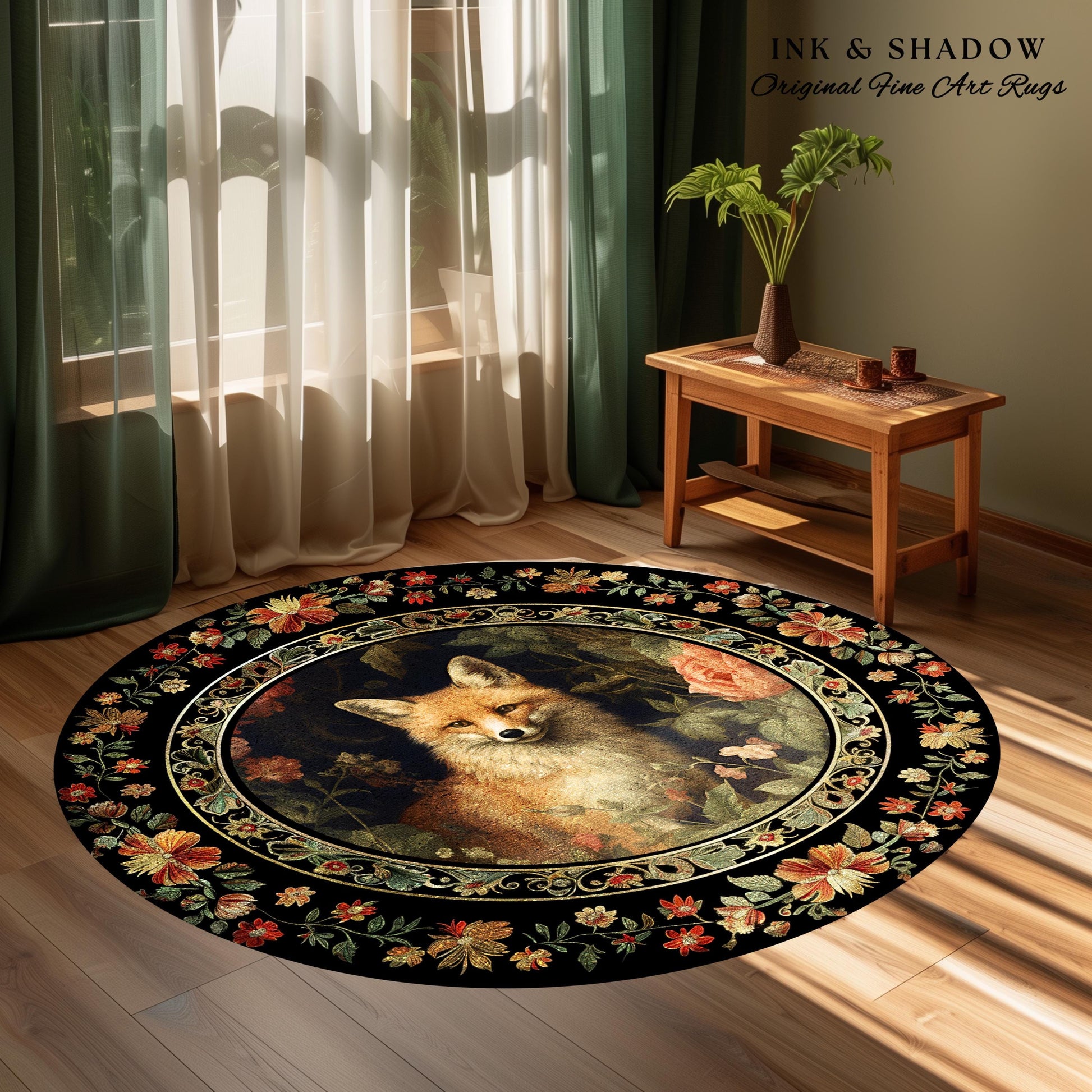 Floral Fairycore Whimsigoth Round Fox Botanical Rug Dark Forestcore Decor | Boho Botanical Whimsical Fox Woodland Cottagecore Animal Art Rug
