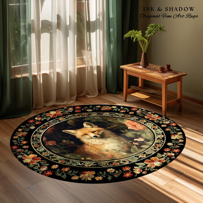 Floral Fairycore Whimsigoth Round Fox Botanical Rug Dark Forestcore Decor | Boho Botanical Whimsical Fox Woodland Cottagecore Animal Art Rug