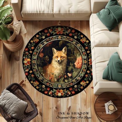 Floral Fairycore Whimsigoth Round Fox Botanical Rug Dark Forestcore Decor | Boho Botanical Whimsical Fox Woodland Cottagecore Animal Art Rug