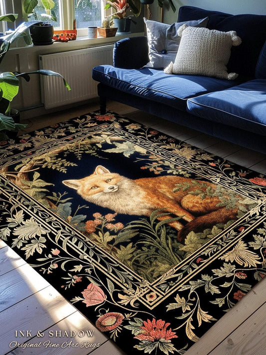 Mystic Woodland Fox Rug | Cottagecore Room Decor William Morris Inspired Forest Aesthetic Fairycore Boho Bedroom Rug Ethereal Decoration