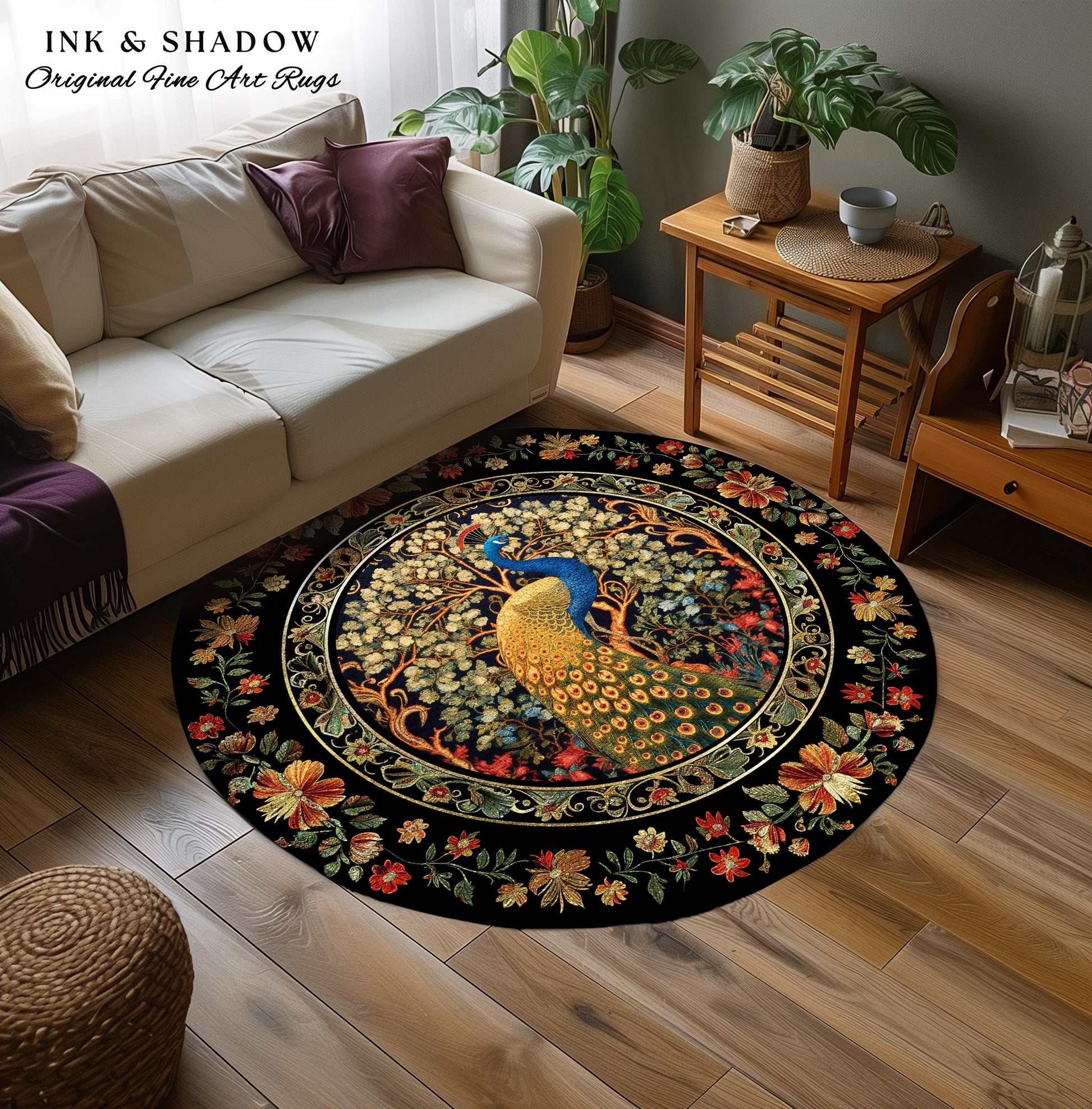 Baroque Floral Forestcore Ornate Round Peacock Rug | Medieval Gothic Woodland Morris Inspired Whimsical Witchy Cottagecore Ethereal Bird Art