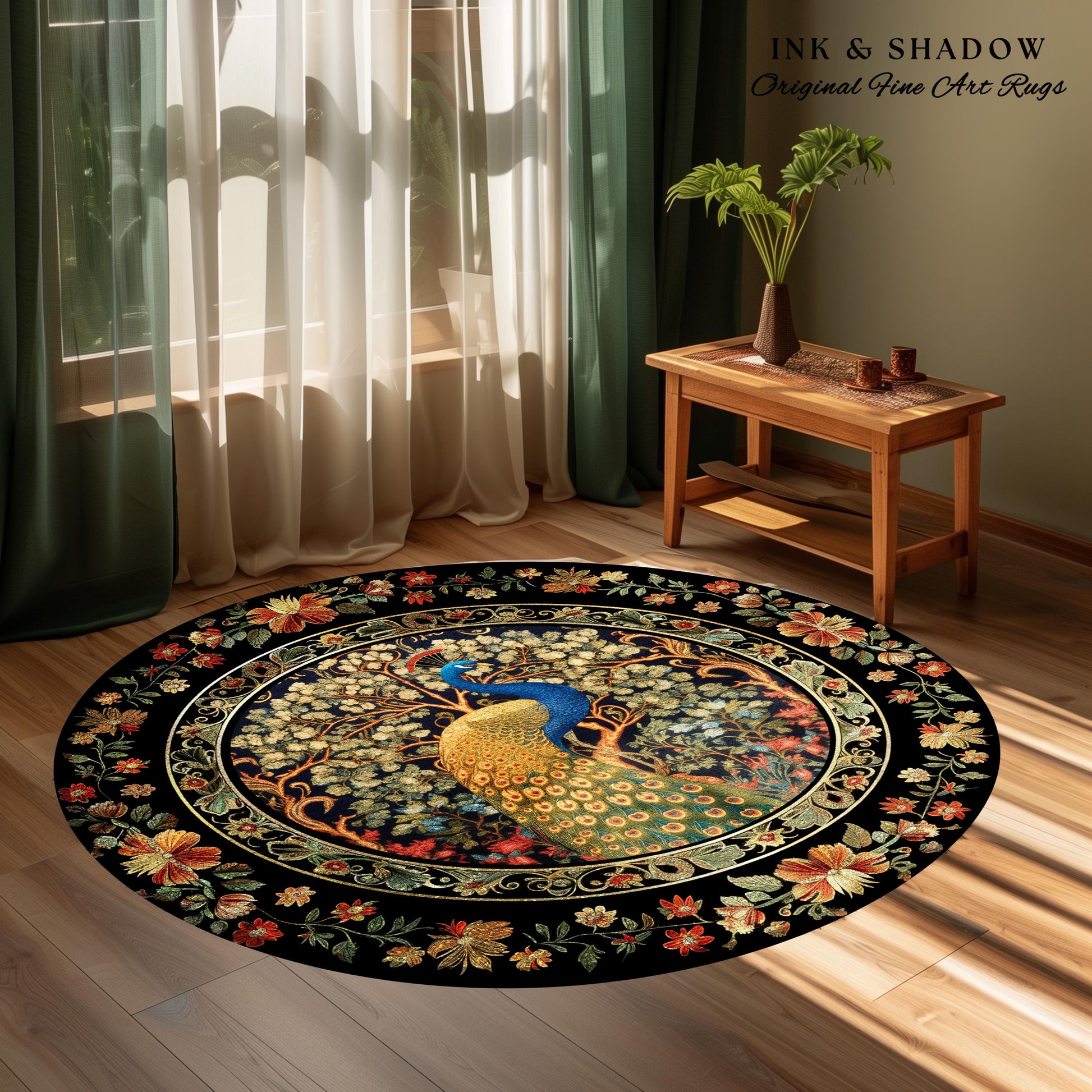 Baroque Floral Forestcore Ornate Round Peacock Rug | Medieval Gothic Woodland Morris Inspired Whimsical Witchy Cottagecore Ethereal Bird Art