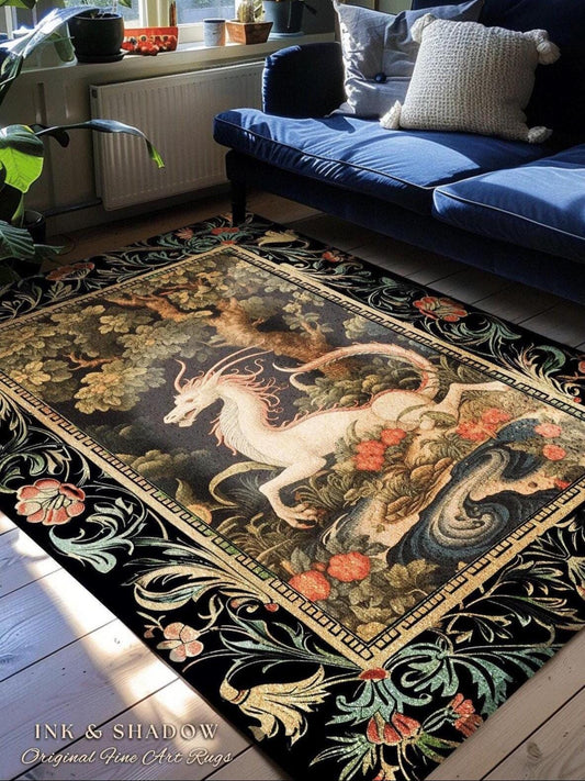 Dark Medieval Dragon Rug | Mystic Room Decor William Morris Inspired Cottagecore Aesthetic Fairycore Bedroom Magical Dragon Art Medieval