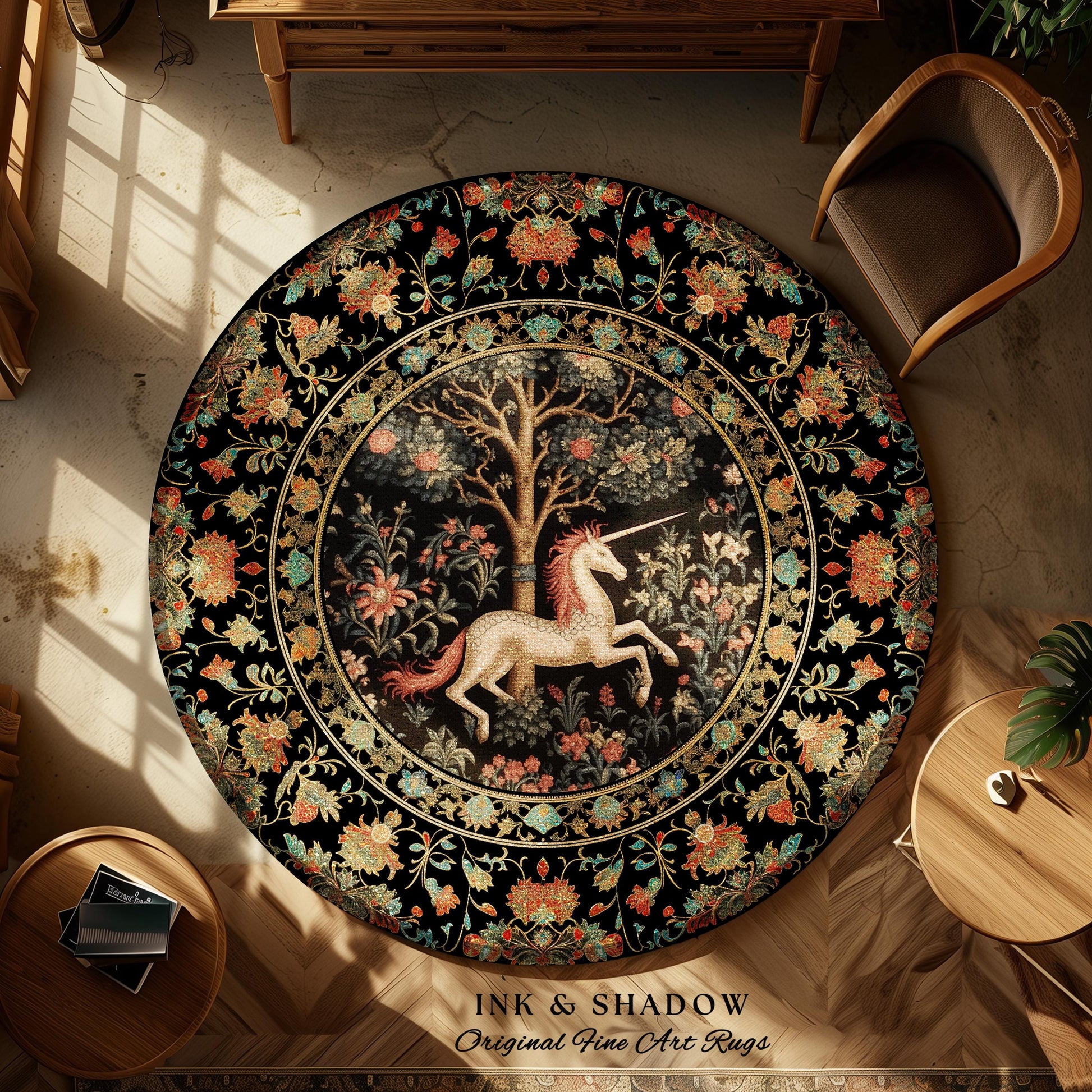 Medieval Unicorn Area Rug | Whimsical Room Decor William Morris Inspired Cottagecore Aesthetic Fairycore Bedroom Magical Unicorn Art