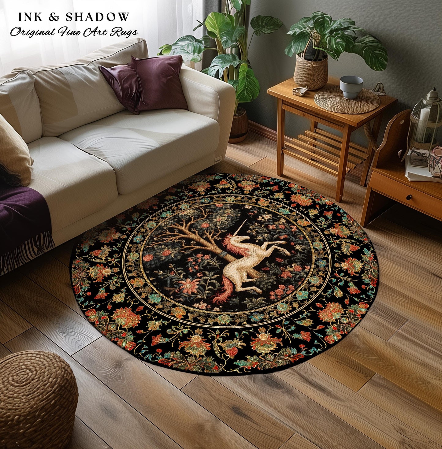 Medieval Unicorn Area Rug | Whimsical Room Decor William Morris Inspired Cottagecore Aesthetic Fairycore Bedroom Magical Unicorn Art