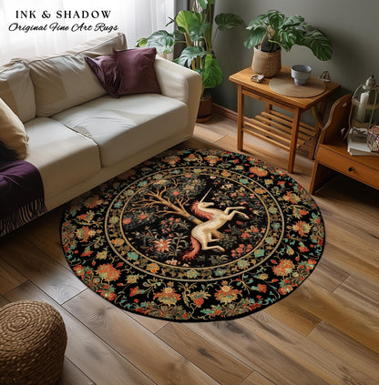 Medieval Unicorn Area Rug | Whimsical Room Decor William Morris Inspired Cottagecore Aesthetic Fairycore Bedroom Magical Unicorn Art