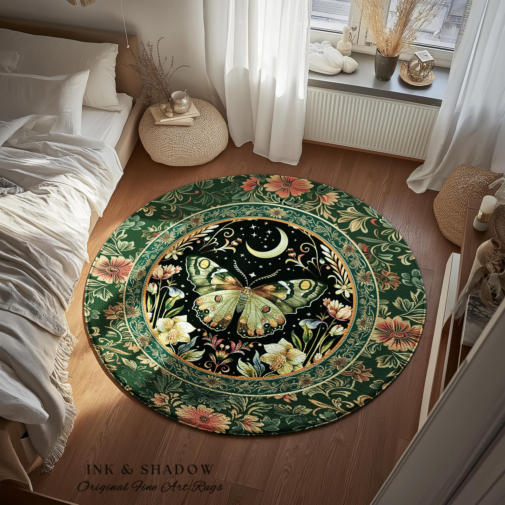 Boho Botanical Moth Rug Floral Grunge Fairycore Room Decor, Woodland Gothic Moon Butterfly Forest Green Forestcore Celestial Cottagecore Rug