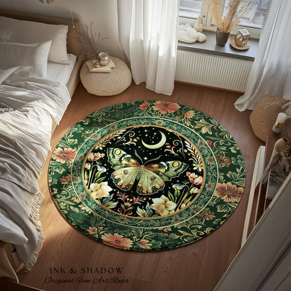 Boho Botanical Moth Rug Floral Grunge Fairycore Room Decor, Woodland Gothic Moon Butterfly Forest Green Forestcore Celestial Cottagecore Rug