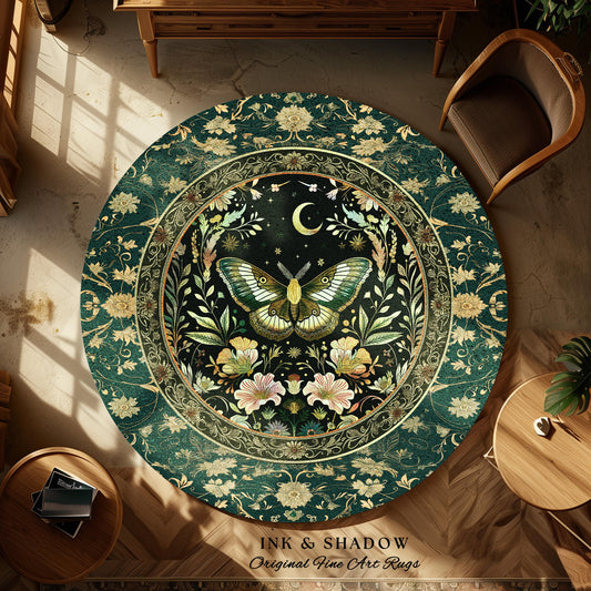 Dark Green Cottagecore Round Moth Rug Ethereal Botanical Fairycore Decor | Moonlit Garden Boho Butterfly Art Floral Moonlit Woodland Whimsy