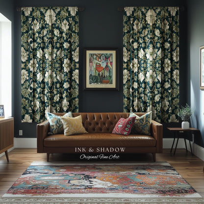 Regal Ornate Floral Aesthetic Curtains | Emerald Green Vintage Royal Drapes Rustic Home Decor Forestcore Housewarming Gift Bedroom Panel |