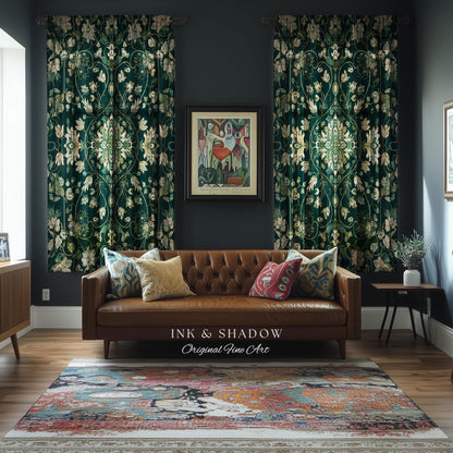 Deep Green Rococo Style Curtains | Soft Gothic Home Decor Art Deco Aesthetic Panel Renaissance Royalcore Elegance Bedroom Drapes Bohemian |