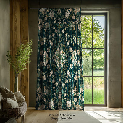 Deep Green Rococo Style Curtains | Soft Gothic Home Decor Art Deco Aesthetic Panel Renaissance Royalcore Elegance Bedroom Drapes Bohemian |