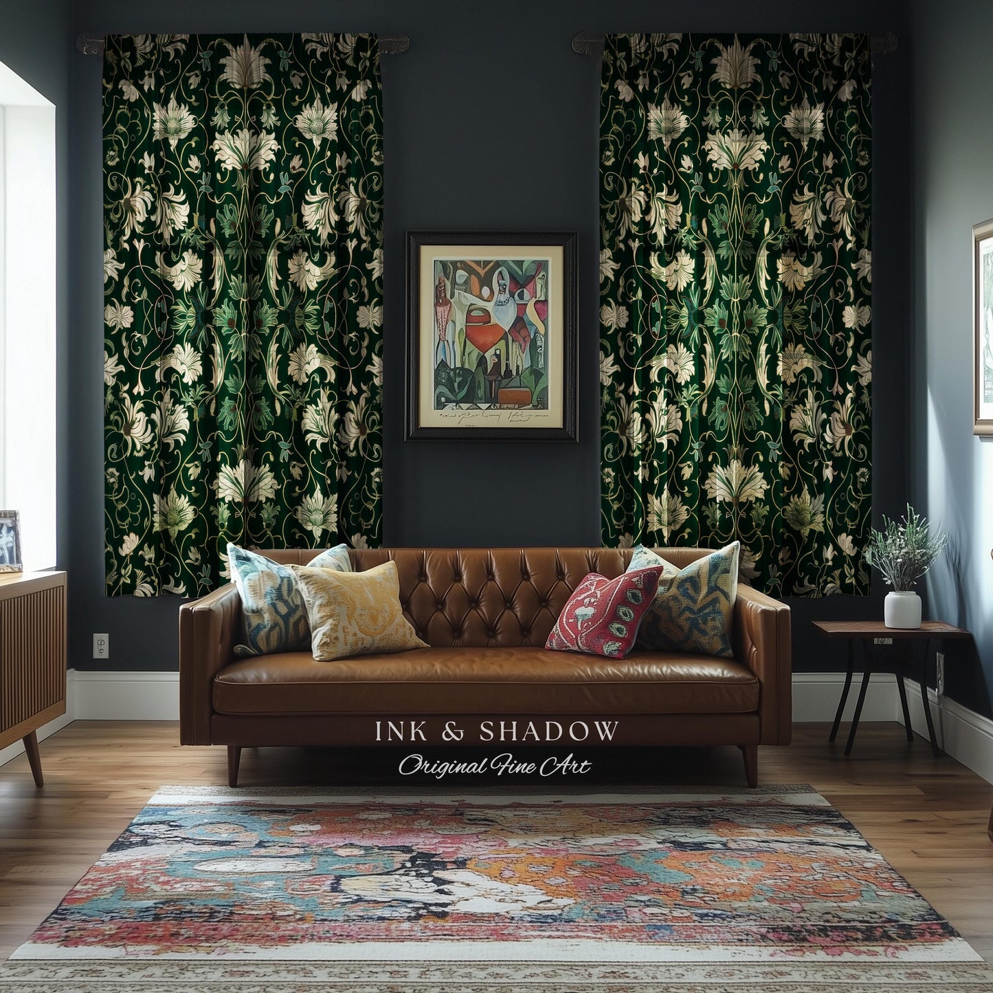 Art Nouveau Emerald Window Drapes | Dark Moss Toned Bedroom Panel Medieval Revival Rococo Renaissance Ethereal Room Accent Whimsical Theme |