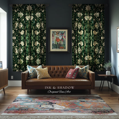 Art Nouveau Emerald Window Drapes | Dark Moss Toned Bedroom Panel Medieval Revival Rococo Renaissance Ethereal Room Accent Whimsical Theme |