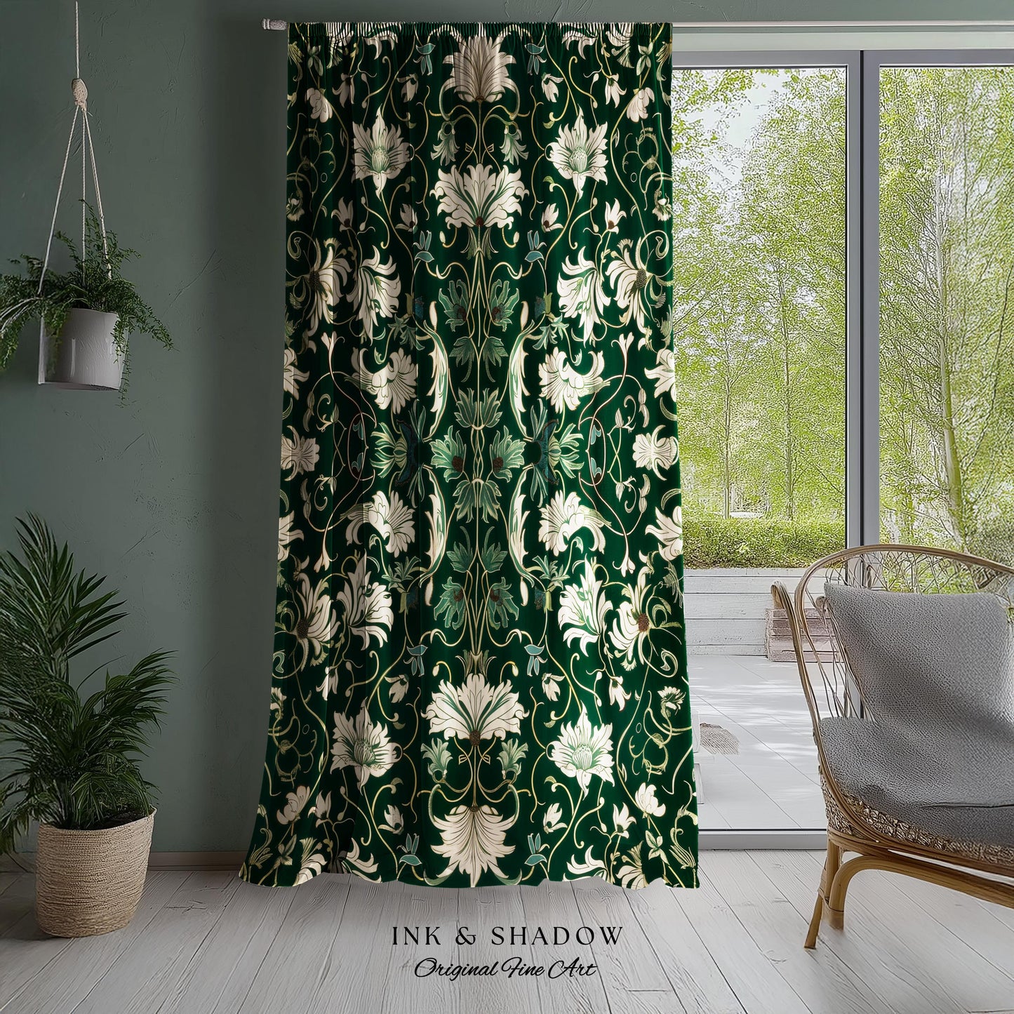 Art Nouveau Emerald Window Drapes | Dark Moss Toned Bedroom Panel Medieval Revival Rococo Renaissance Ethereal Room Accent Whimsical Theme |