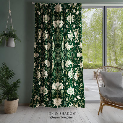 Art Nouveau Emerald Window Drapes | Dark Moss Toned Bedroom Panel Medieval Revival Rococo Renaissance Ethereal Room Accent Whimsical Theme |