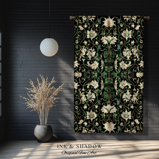 Art Nouveau Emerald Window Drapes | Dark Moss Toned Bedroom Panel Medieval Revival Rococo Renaissance Ethereal Room Accent Whimsical Theme |