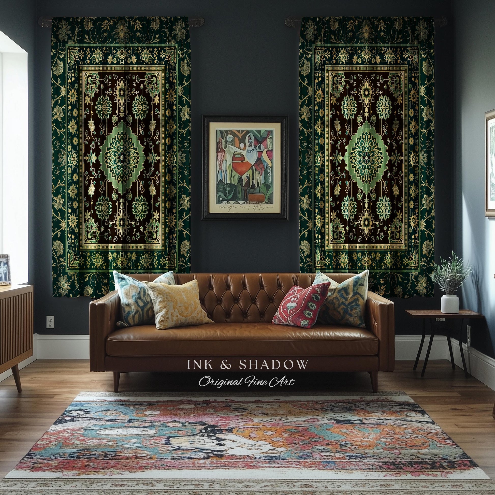 Dark Academia Emerald Curtains | Cozy Reading Nook Window Drapes Ornate with Blue Green Detail Cottagecore Victorian Gothic Aesthetic Decor