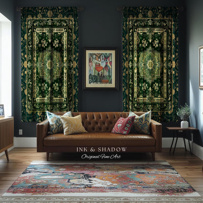 Gothic Maximalist Accent Curtain | Forest Green Window Drapes Ornate With Blue Green Detail Cottagecore Victorian Gothic Aesthetic Dark Teal