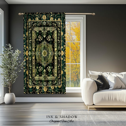 Gothic Maximalist Accent Curtain | Forest Green Window Drapes Ornate With Blue Green Detail Cottagecore Victorian Gothic Aesthetic Dark Teal