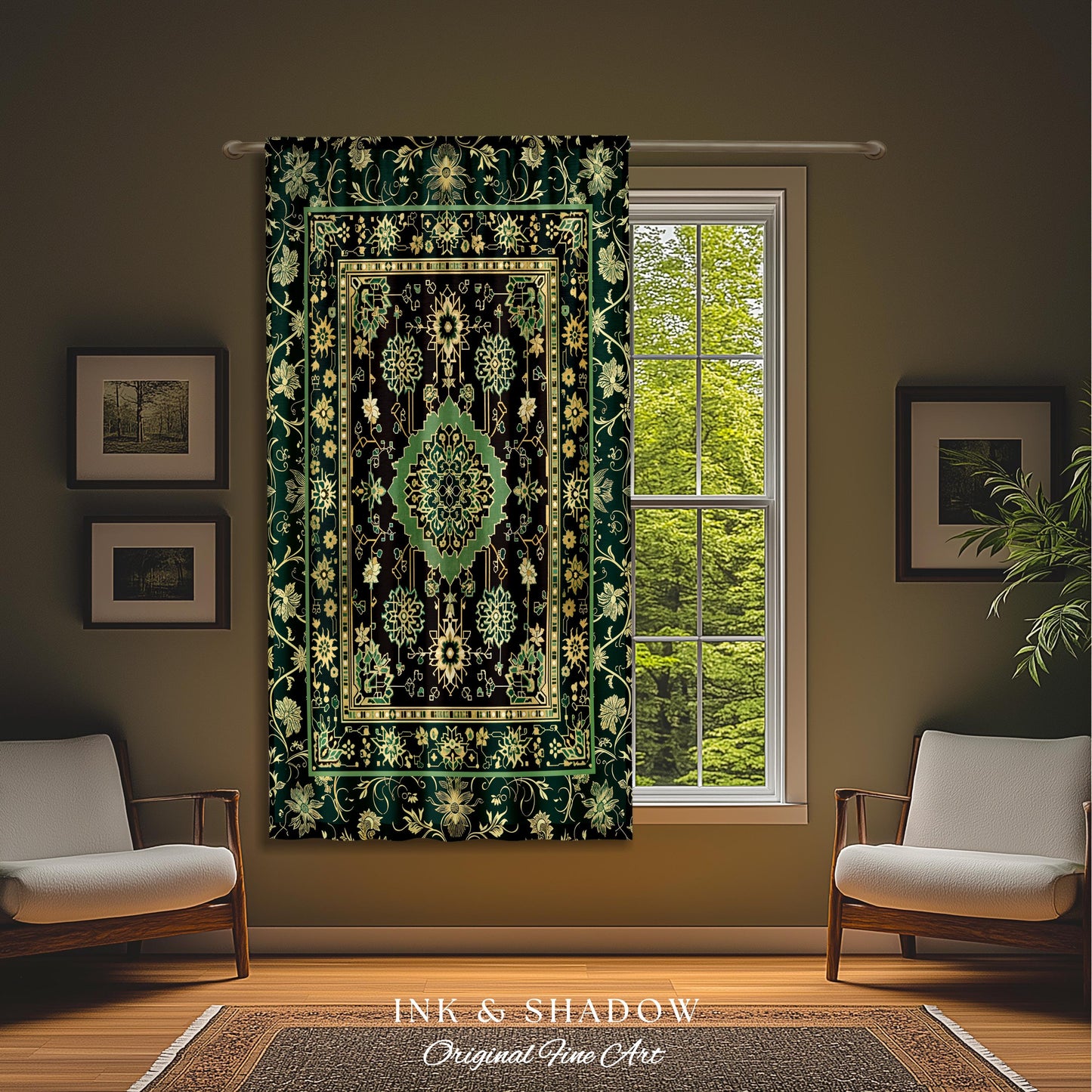 Dark Academia Emerald Curtains | Cozy Reading Nook Window Drapes Ornate with Blue Green Detail Cottagecore Victorian Gothic Aesthetic Decor