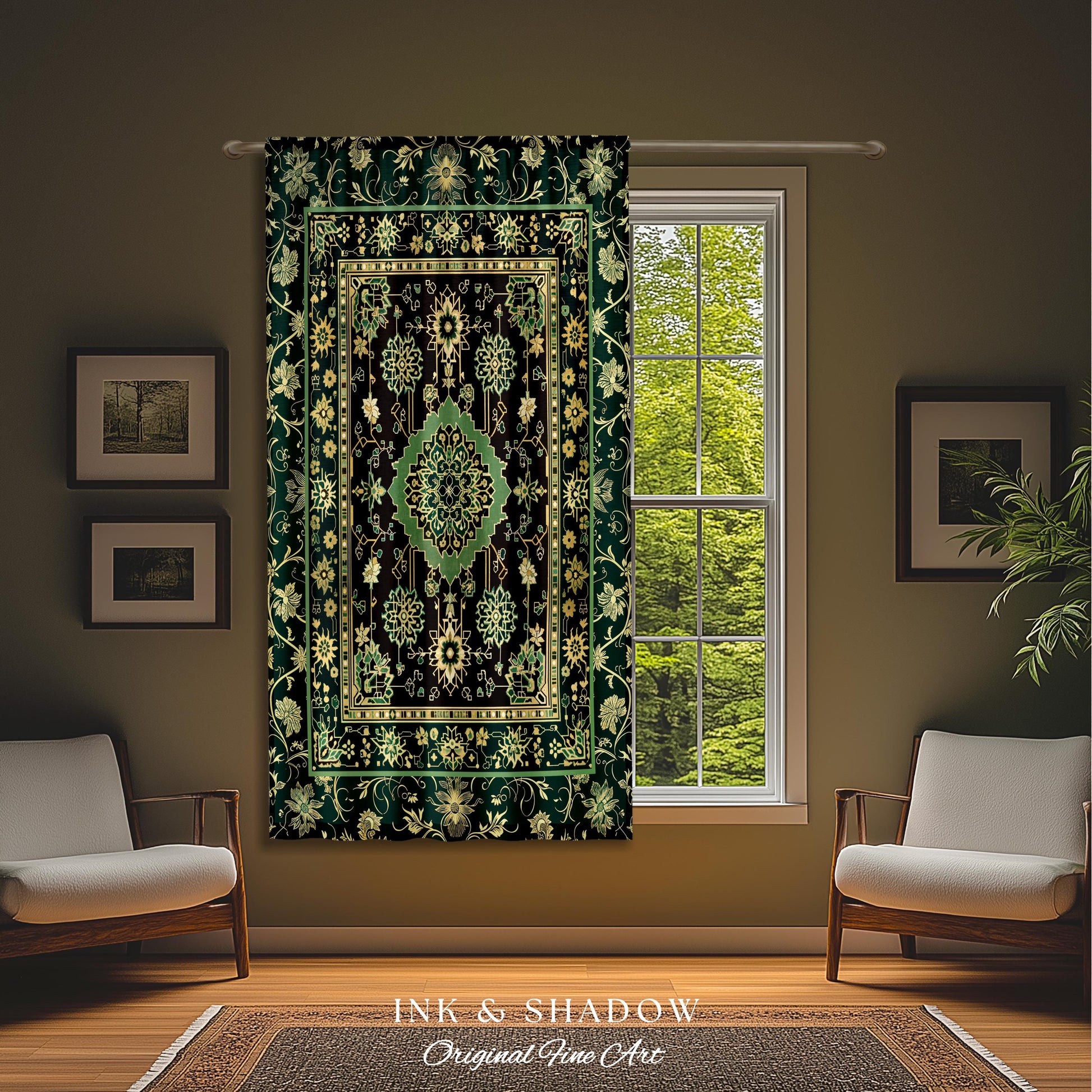 Dark Academia Emerald Curtains | Cozy Reading Nook Window Drapes Ornate with Blue Green Detail Cottagecore Victorian Gothic Aesthetic Decor