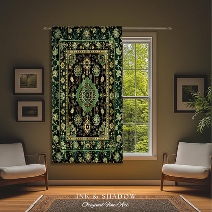 Dark Academia Emerald Curtains | Cozy Reading Nook Window Drapes Ornate with Blue Green Detail Cottagecore Victorian Gothic Aesthetic Decor