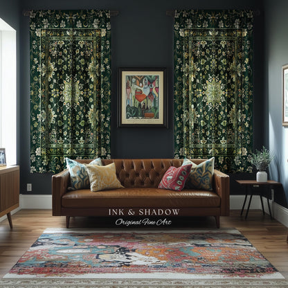 Moody Emerald Green Curtains | Persian Green Window Drapes Ornate with Blue Green Detail Dark Academia Victorian Gothic Aesthetic Dark Teal