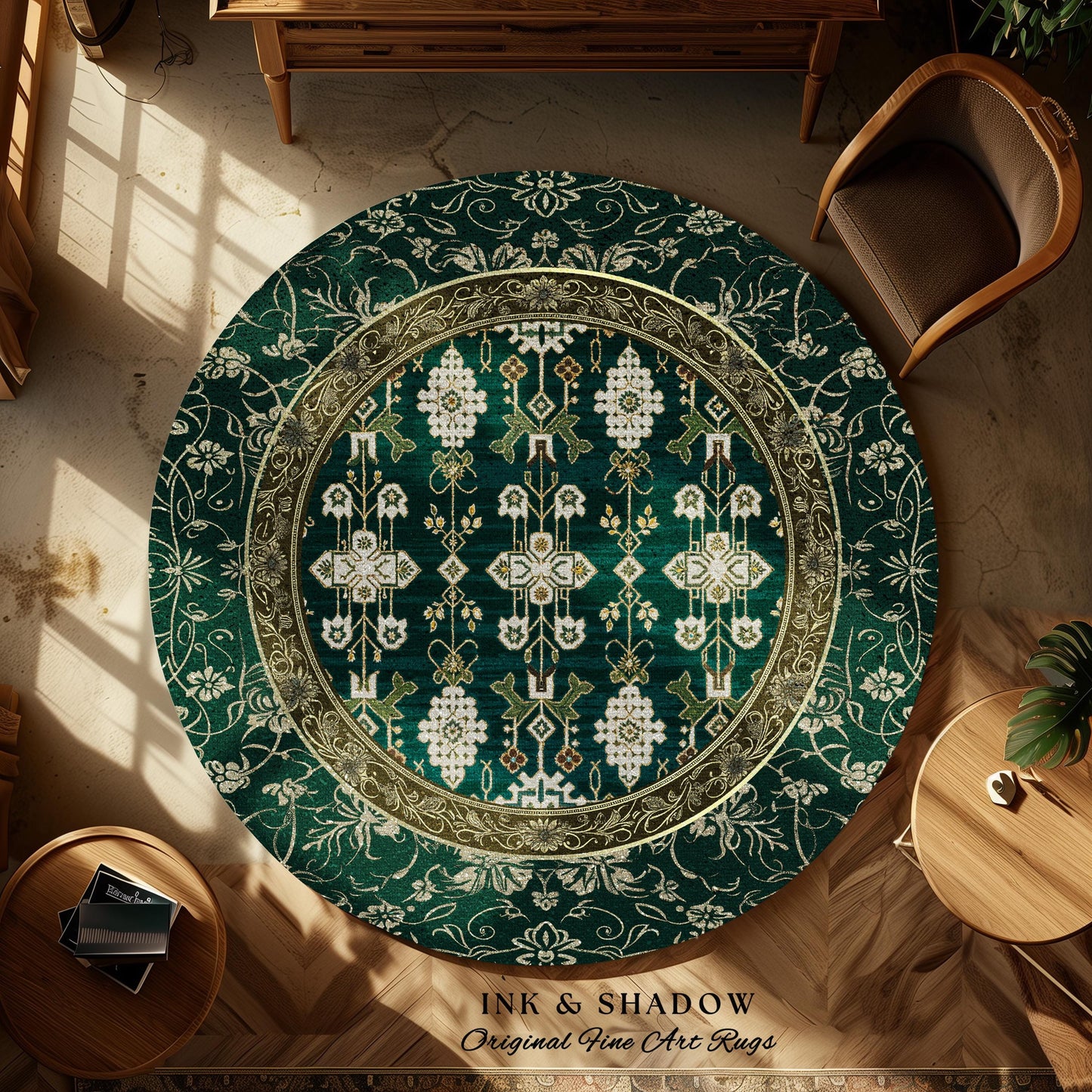 Forest Green Round Area Rug Boho Decor Rustic Aesthetic Living Room Sage Green Home Decor | Housewarming Gift Cottagecore Green Bedroom Mat