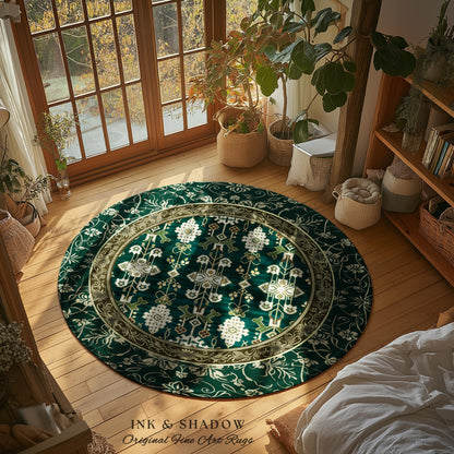 Forest Green Round Area Rug Boho Decor Rustic Aesthetic Living Room Sage Green Home Decor | Housewarming Gift Cottagecore Green Bedroom Mat