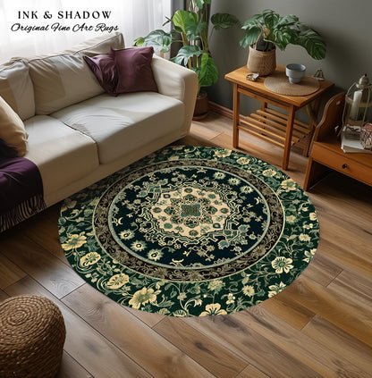 Victorian Gothic Bedroom Round Rug | Reading Nook Cozy Floor Rug Ornate Statement with Blue Green Detail Cottagecore Dark Academia Aesthetic