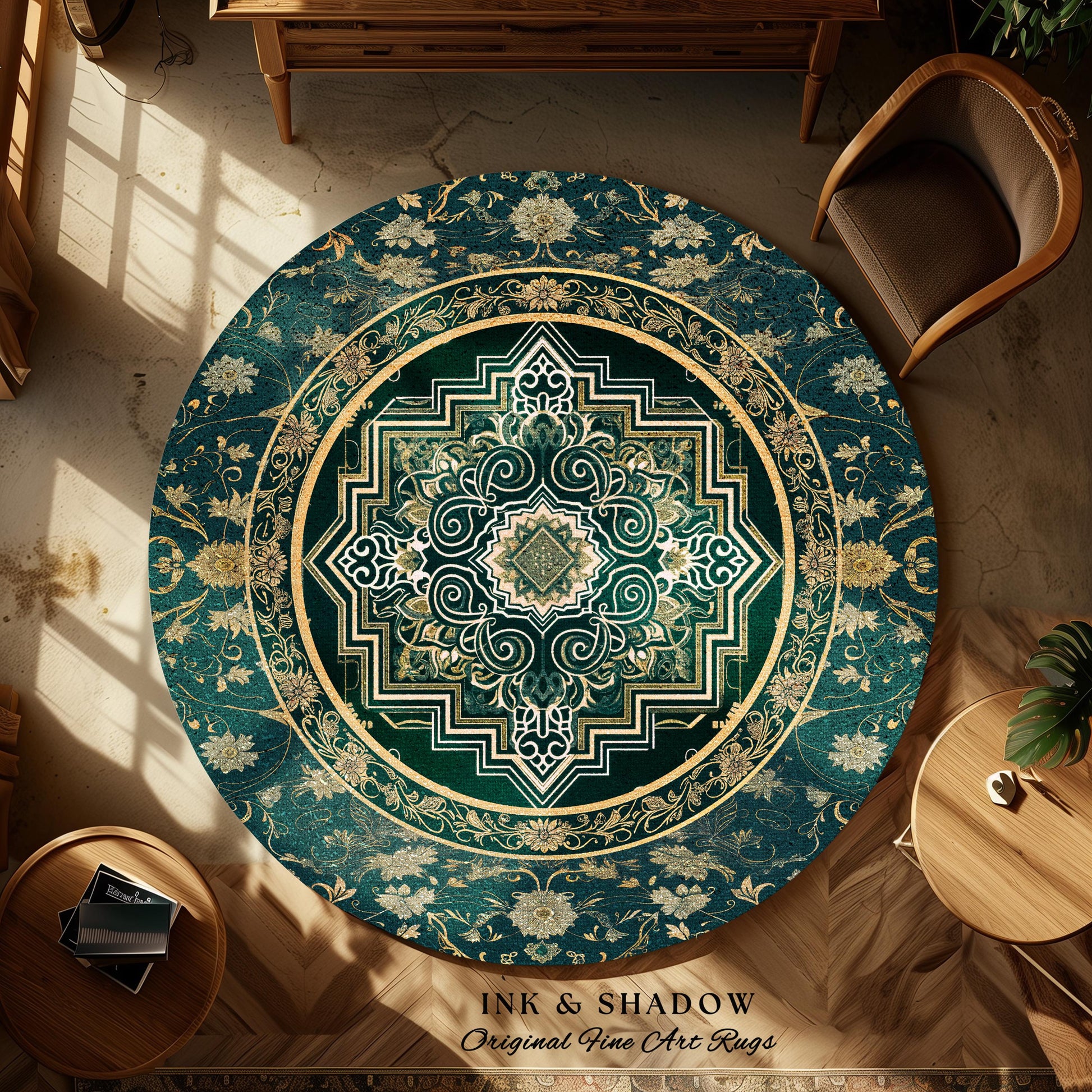 Gothic Maximalist Round Accent Rug | Forest Green Floor Rug Ornate Rug With Blue Green Detail Cottagecore Victorian Gothic Aesthetic Teal |