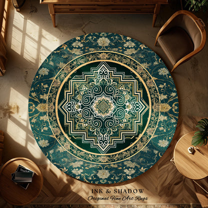 Gothic Maximalist Round Accent Rug | Forest Green Floor Rug Ornate Rug With Blue Green Detail Cottagecore Victorian Gothic Aesthetic Teal |