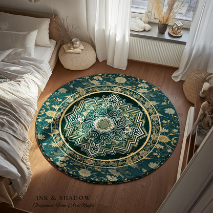 Gothic Maximalist Round Accent Rug | Forest Green Floor Rug Ornate Rug With Blue Green Detail Cottagecore Victorian Gothic Aesthetic Teal |