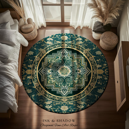 Gothic Maximalist Round Accent Rug | Forest Green Floor Rug Ornate Rug With Blue Green Detail Cottagecore Victorian Gothic Aesthetic Teal |