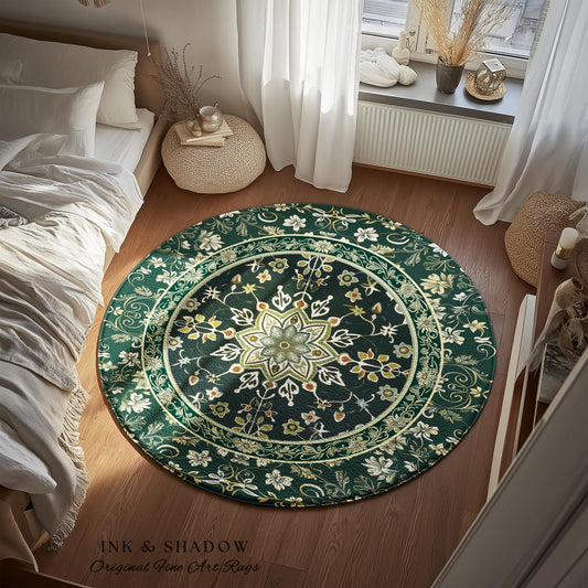 Moody Emerald Green Area Rug | Persian Green Floor Rug Ornate Rug with Blue Green Detail Dark Academia Victorian Gothic Aesthetic Dark Teal