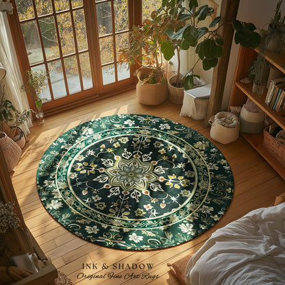 Moody Emerald Green Area Rug | Persian Green Floor Rug Ornate Rug with Blue Green Detail Dark Academia Victorian Gothic Aesthetic Dark Teal