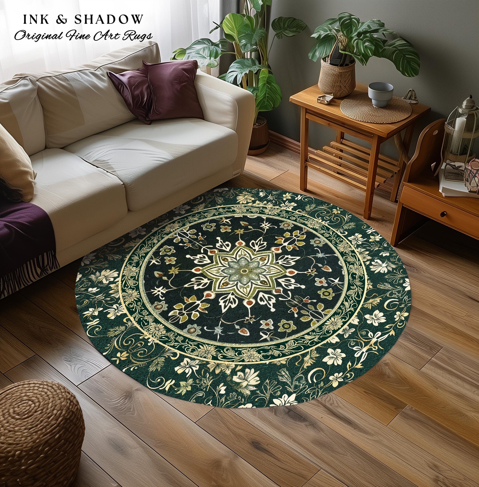 Moody Emerald Green Area Rug | Persian Green Floor Rug Ornate Rug with Blue Green Detail Dark Academia Victorian Gothic Aesthetic Dark Teal