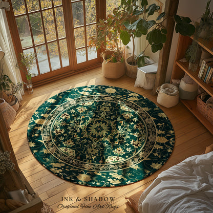Dark Academia Art Deco Area Rug | Ornate Design Deep Emerald Green Floor Rug Baroque Victorian Gothic Dark Mystic Maximalist Bedroom Decor |