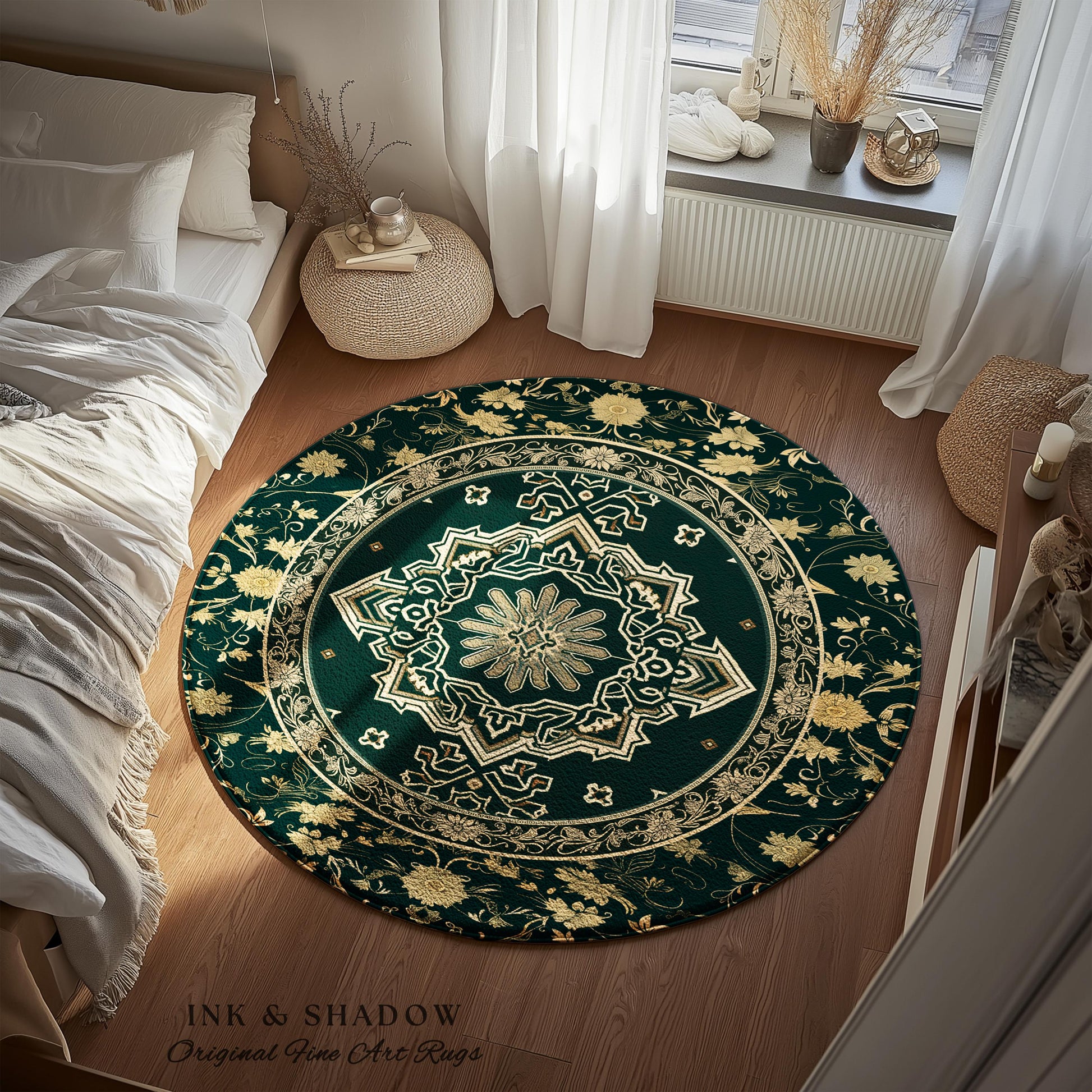 Eccentric Geometric Art Deco Rug | Rustic Gold Accent Design Bohemian Carpet Midnight Emerald Ornate Traditional Living Room Baroque Style |