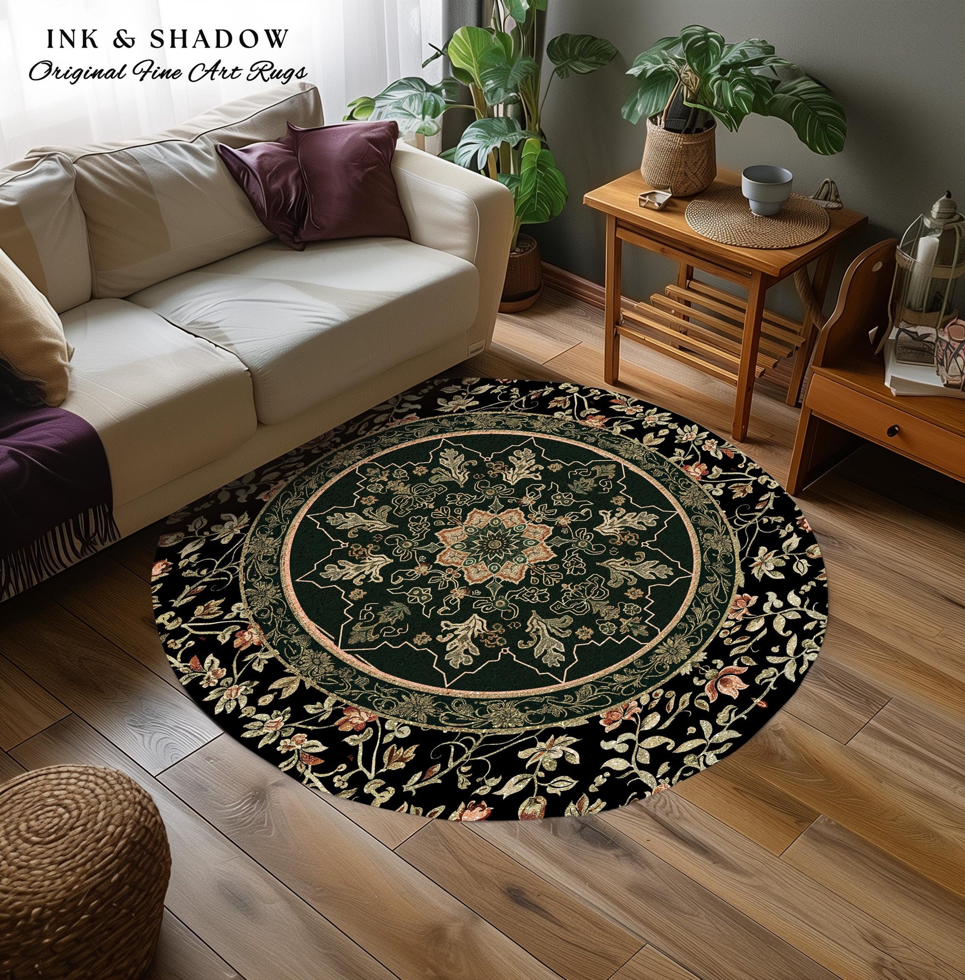 Witchy Bohemian Rustic Accent Rug | Enchanting Midnight Emerald Ornate Area Rug Traditional Art Deco Living Room Baroque Aesthetic Decor |