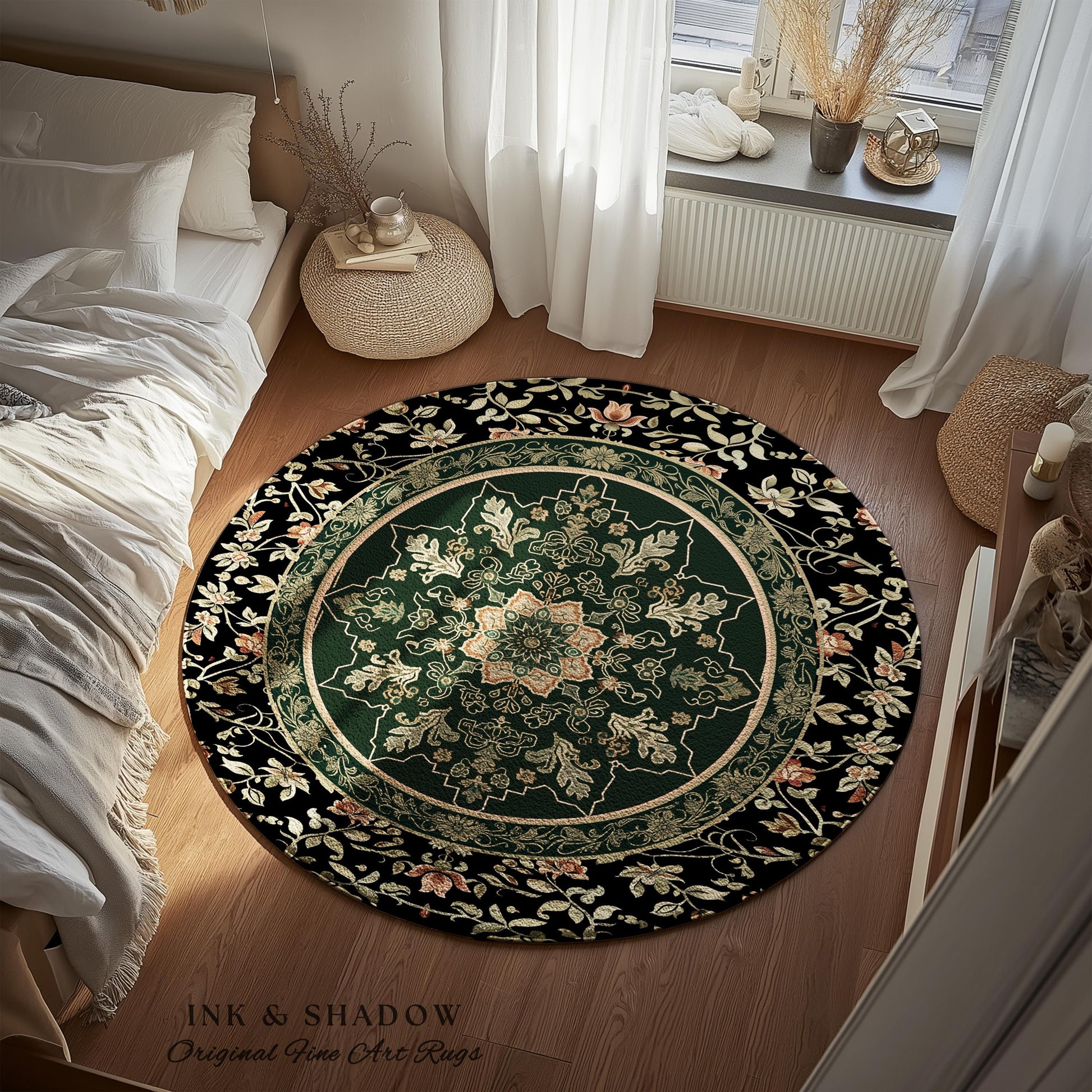 Witchy Bohemian Rustic Accent Rug | Enchanting Midnight Emerald Ornate Area Rug Traditional Art Deco Living Room Baroque Aesthetic Decor |