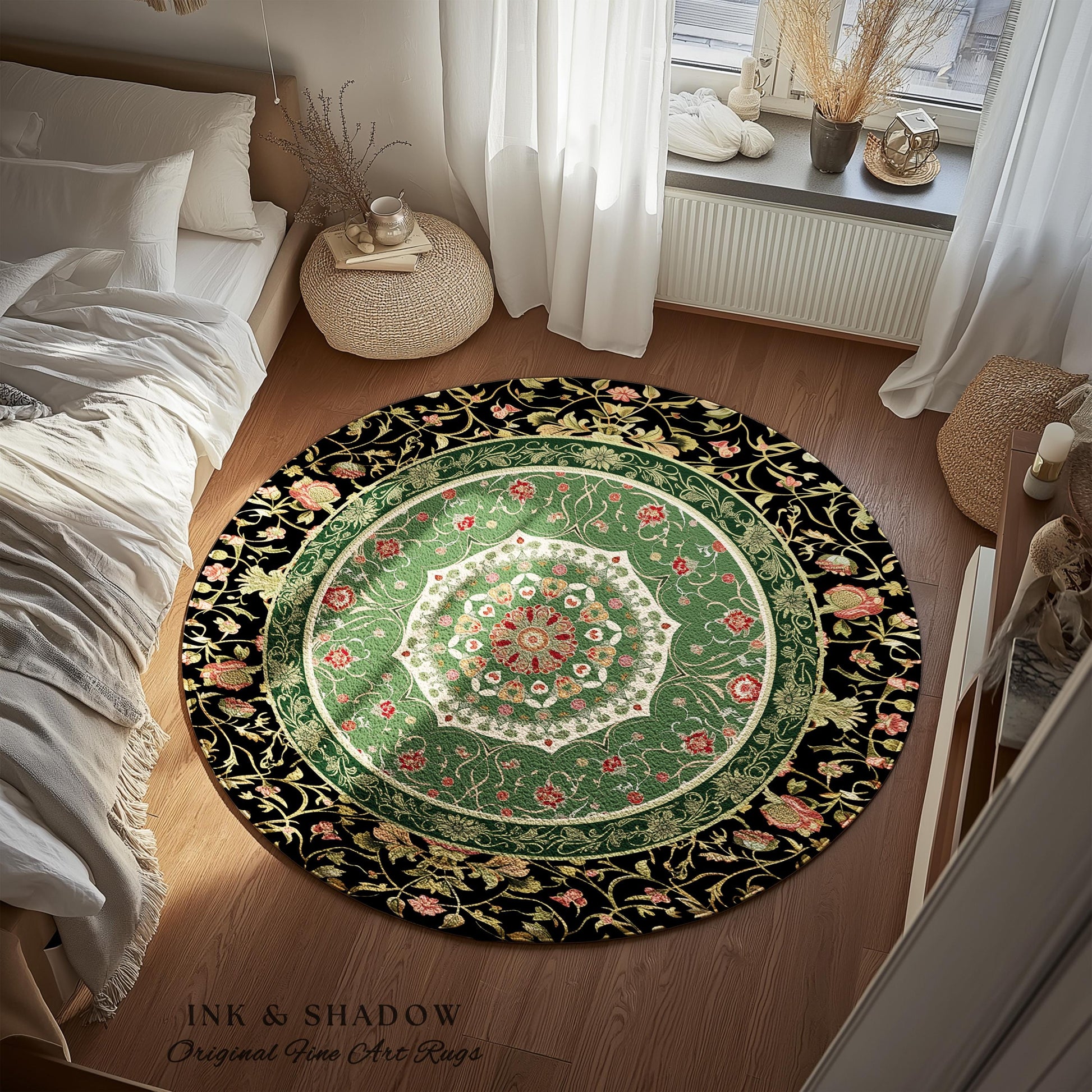 Jade Green Fairytale Gothic Area Rug | Baroque Motif Art Nouveau Flourish Antique-Inspired Decor Victorian Revival Maximalist Sage Green |