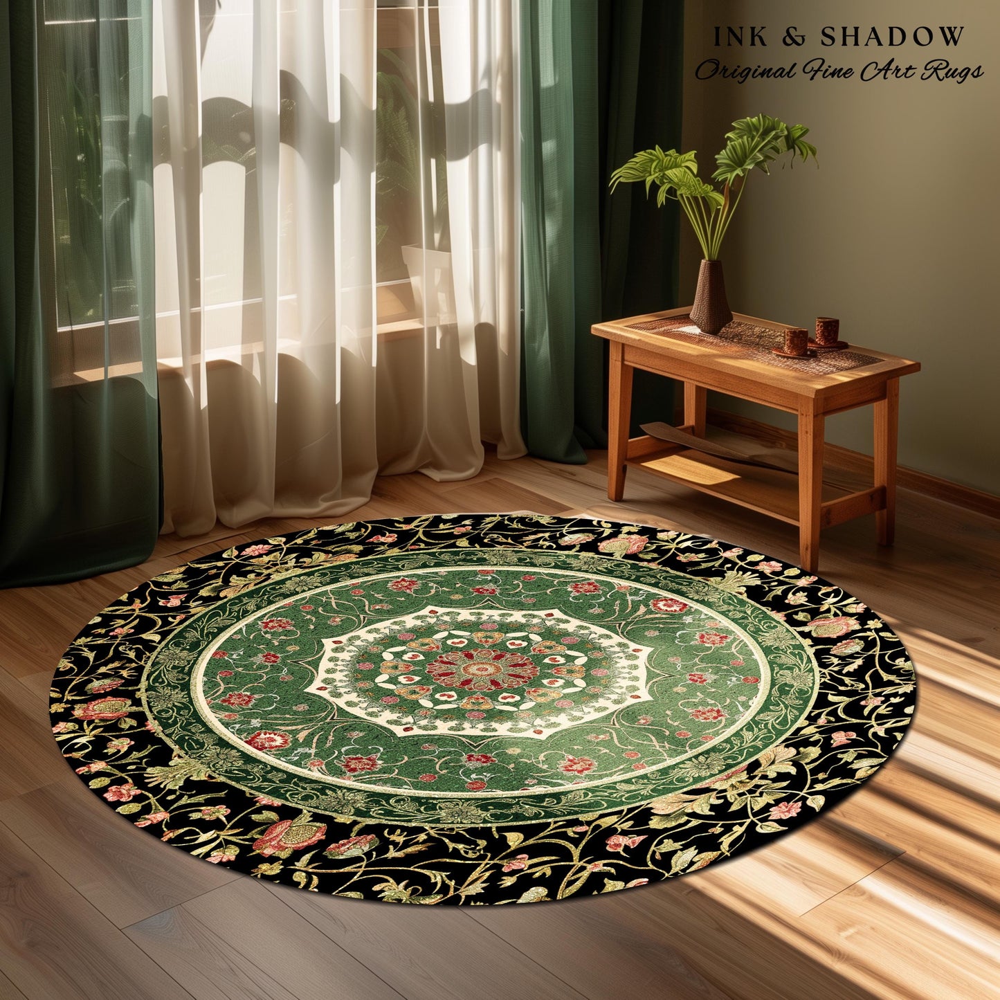Jade Green Fairytale Gothic Area Rug | Baroque Motif Art Nouveau Flourish Antique-Inspired Decor Victorian Revival Maximalist Sage Green |